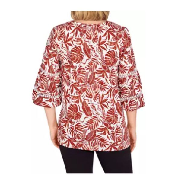 Ruby Rd Meet Me in Tahiti Linen Blend Printed Rust Tassel Blouse L - Picture 3 of 7